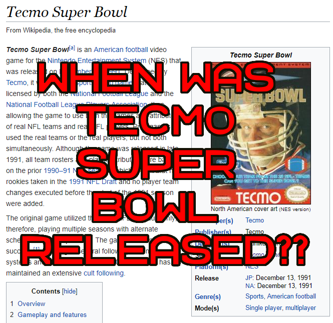 More information about "Is the December 13, 1991 release date of Tecmo Super Bowl a lie?"